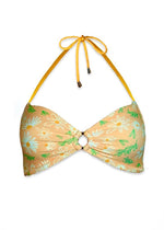 Yellow floral bikini top with halter neck and ring detail, handmade swimwear