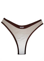 Handmade reversible bikini bottom with brown trim and shiny beige fabric, isolated on white