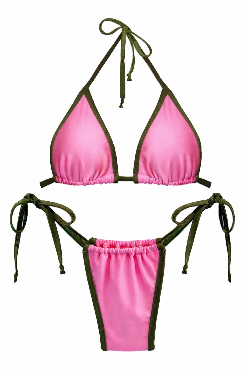 Pink and green handmade reversible bikini set with adjustable tie straps on white background