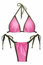 Pink and green handmade reversible bikini set with adjustable tie straps on white background