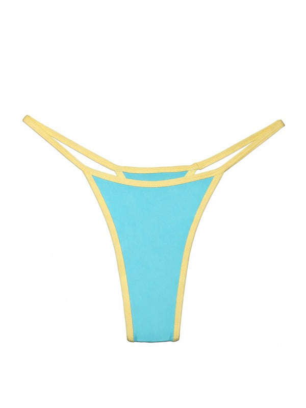 Handmade blue bikini bottom with yellow trim and double strap detail on white background