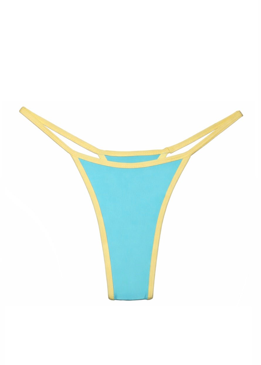 Handmade blue bikini bottom with yellow trim and double strap detail on white background