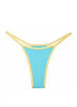 Handmade blue bikini bottom with yellow trim and double strap detail on white background