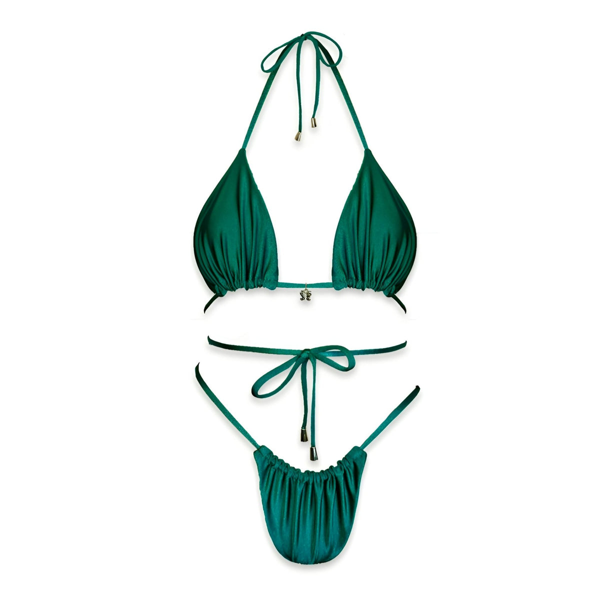 Emerald green string bikini set with ruched details, handmade reversible swimwear