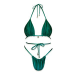 Emerald green string bikini set with ruched details, handmade reversible swimwear