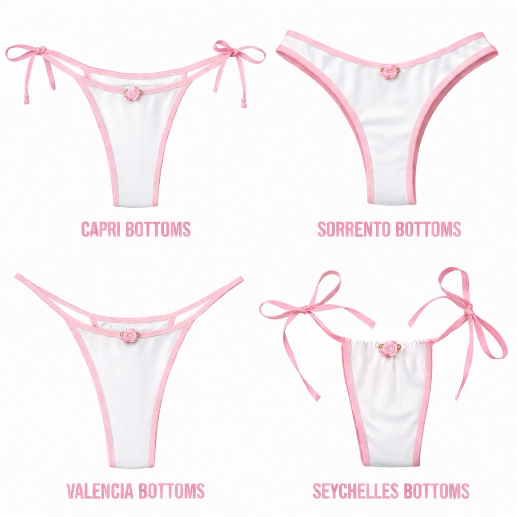 Four styles of white bikini bottoms with pink trim and rose accents: Capri, Sorrento, Valencia, Seychelles.