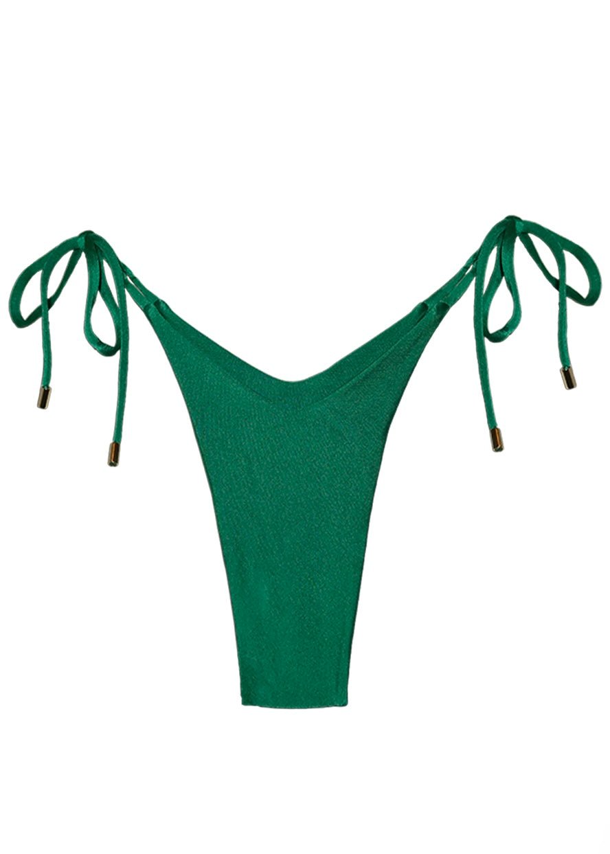 Emerald green bikini bottom with side tie strings and gold accents, swimwear flat lay