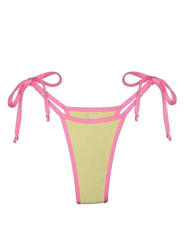Yellow bikini bottom with pink trim and adjustable tie sides, reversible swimwear.