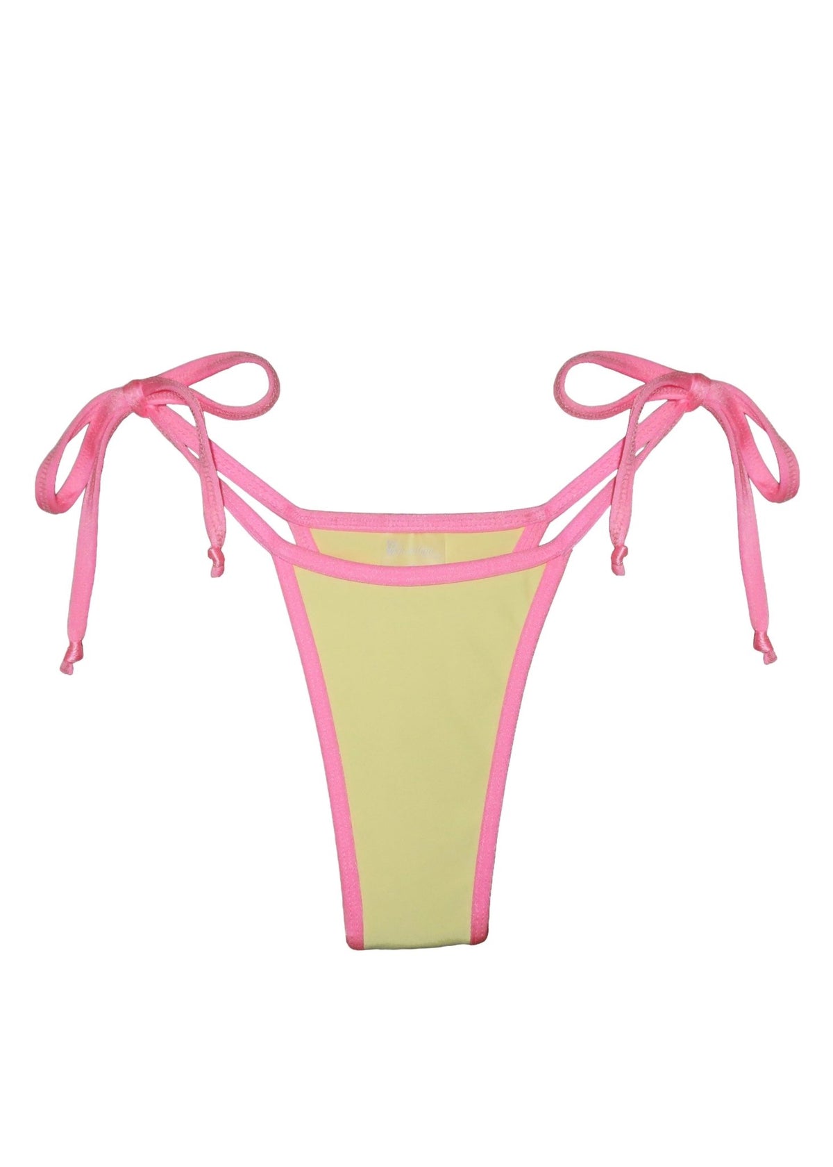 Yellow bikini bottom with pink trim and adjustable tie sides, reversible swimwear.