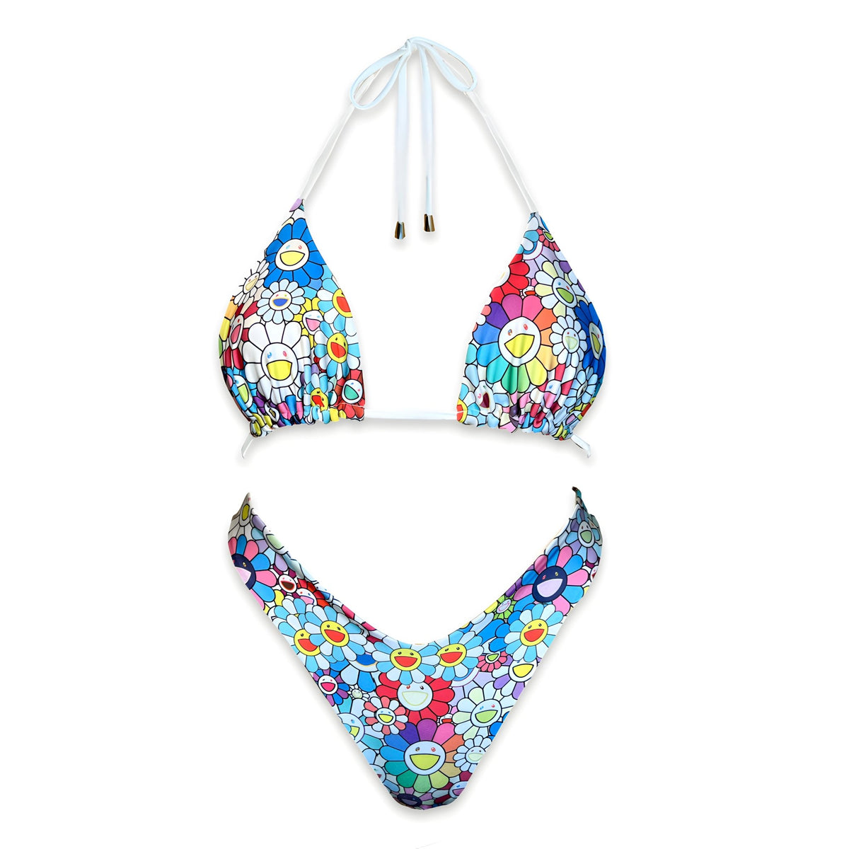 Handmade reversible bikini set with colorful floral pattern and smiling faces on white background