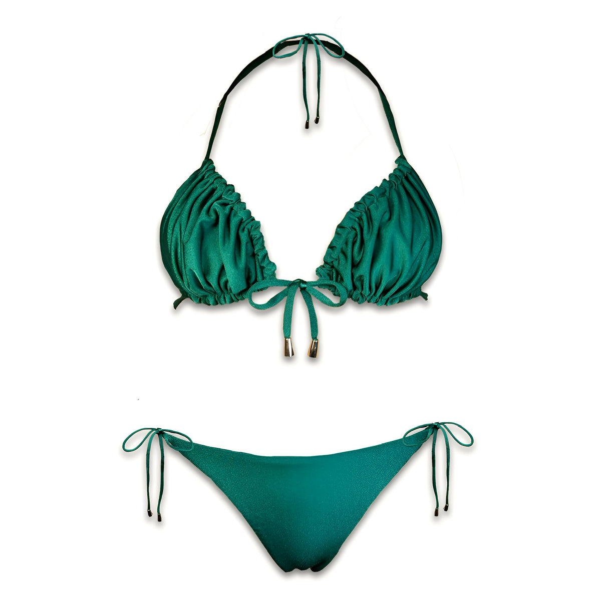 Emerald green ruched handmade bikini set with tie strings, displayed on white background