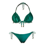 Emerald green ruched handmade bikini set with tie strings, displayed on white background