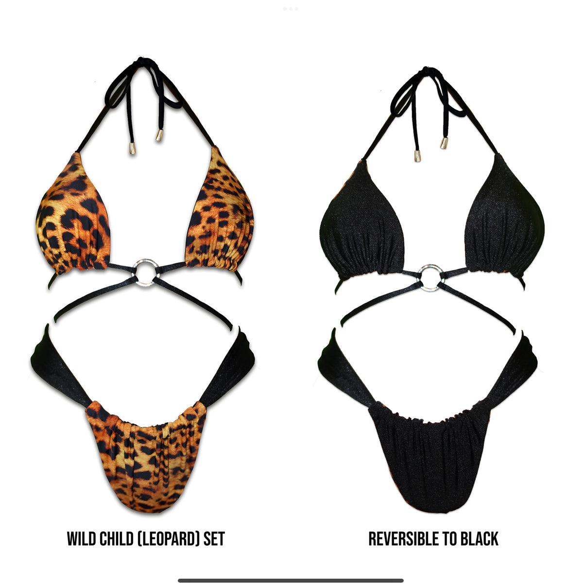 Reversible handmade bikini set featuring leopard print on one side and solid black on the other.