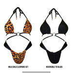 Reversible handmade bikini set featuring leopard print on one side and solid black on the other.