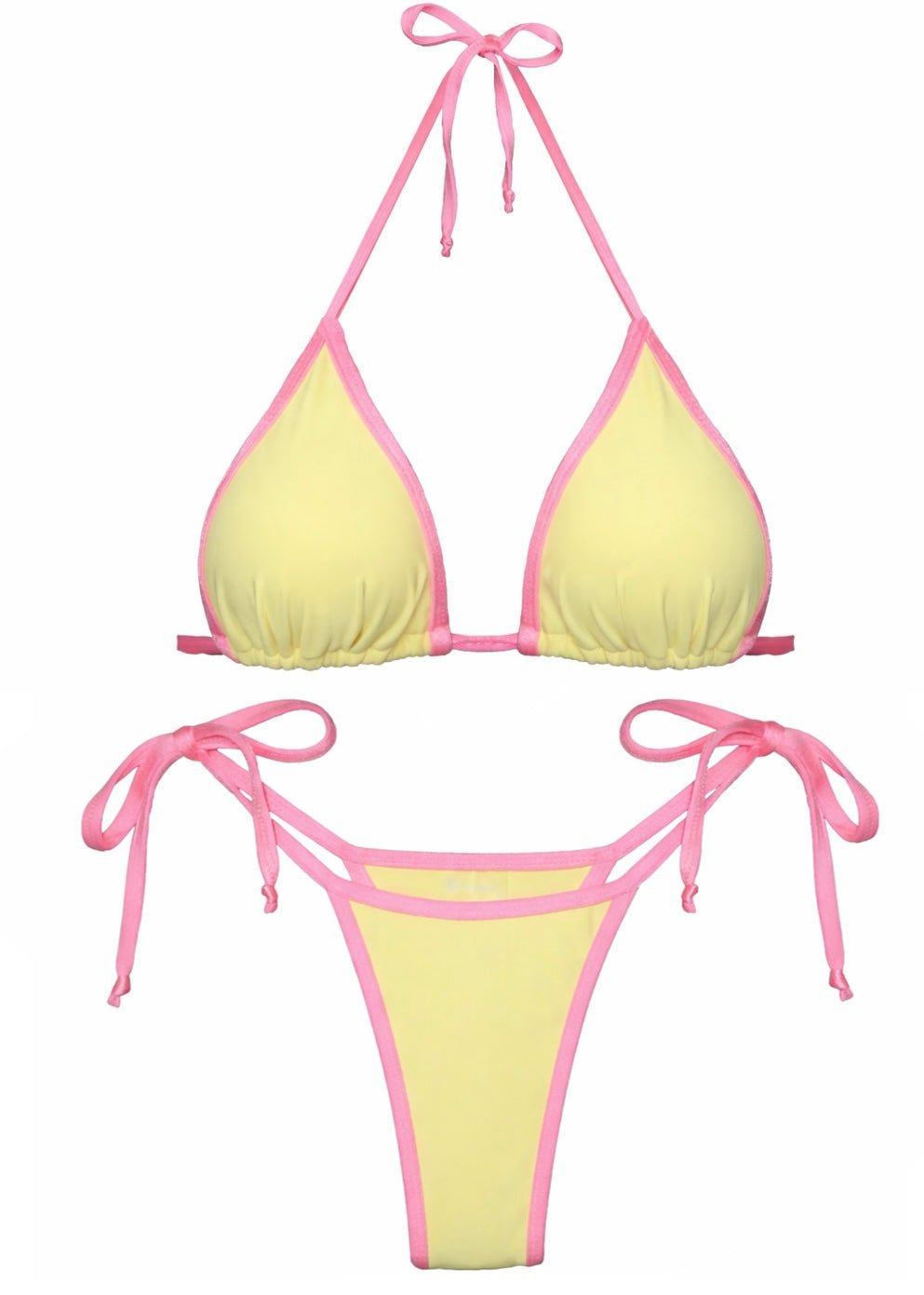Yellow and pink reversible bikini set with tie straps and triangle top on white background