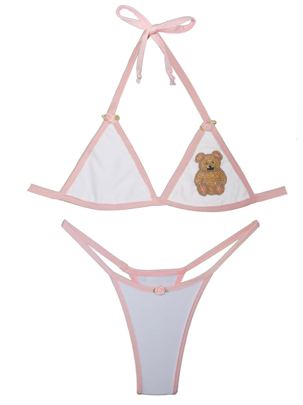 White and pink bikini set with beaded teddy bear and rose details, handmade swimwear