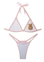 White and pink bikini set with beaded teddy bear and rose details, handmade swimwear