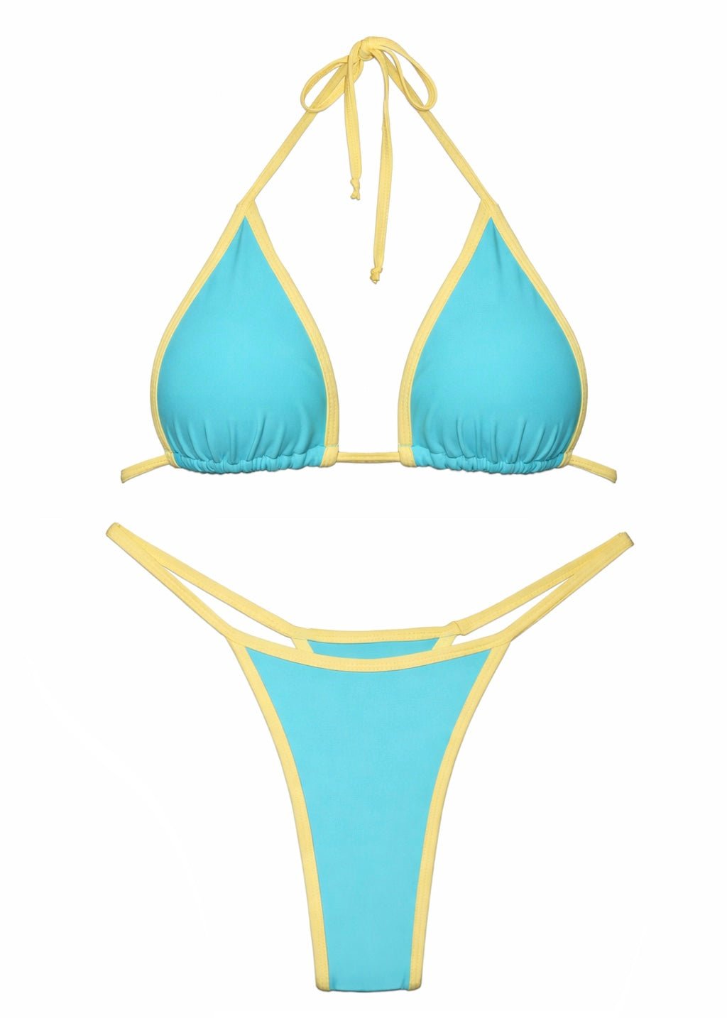 Aqua blue and yellow reversible bikini set with triangle top and strappy bottoms