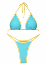 Aqua blue and yellow reversible bikini set with triangle top and strappy bottoms