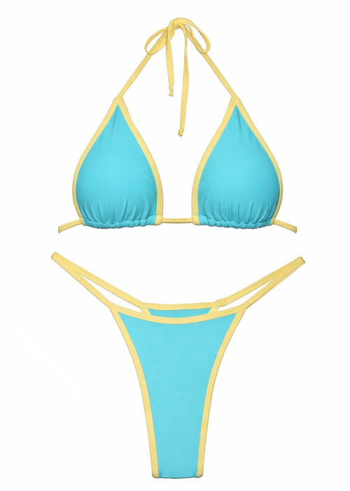 Aqua blue and yellow reversible bikini set with triangle top and strappy bottoms