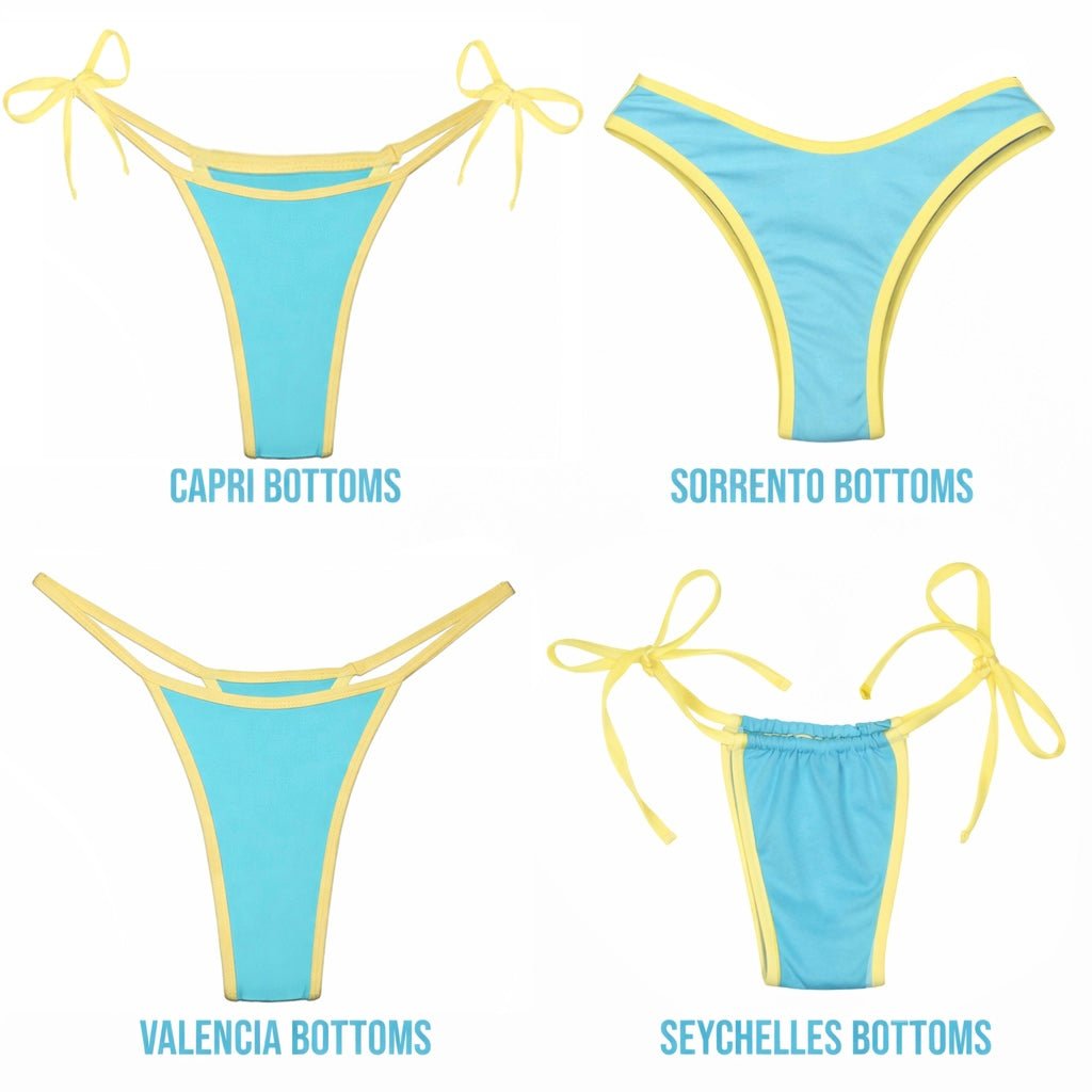Four styles of reversible blue and yellow bikini bottoms: Capri, Sorrento, Valencia, Seychelles.