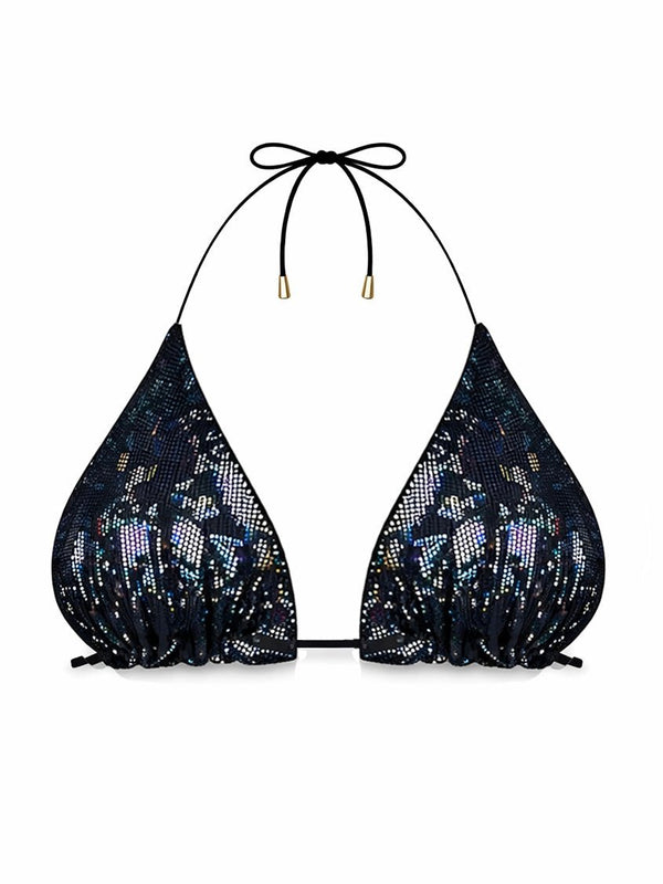 Black sequin triangle bikini top with halter neck tie, shiny swimwear on white background