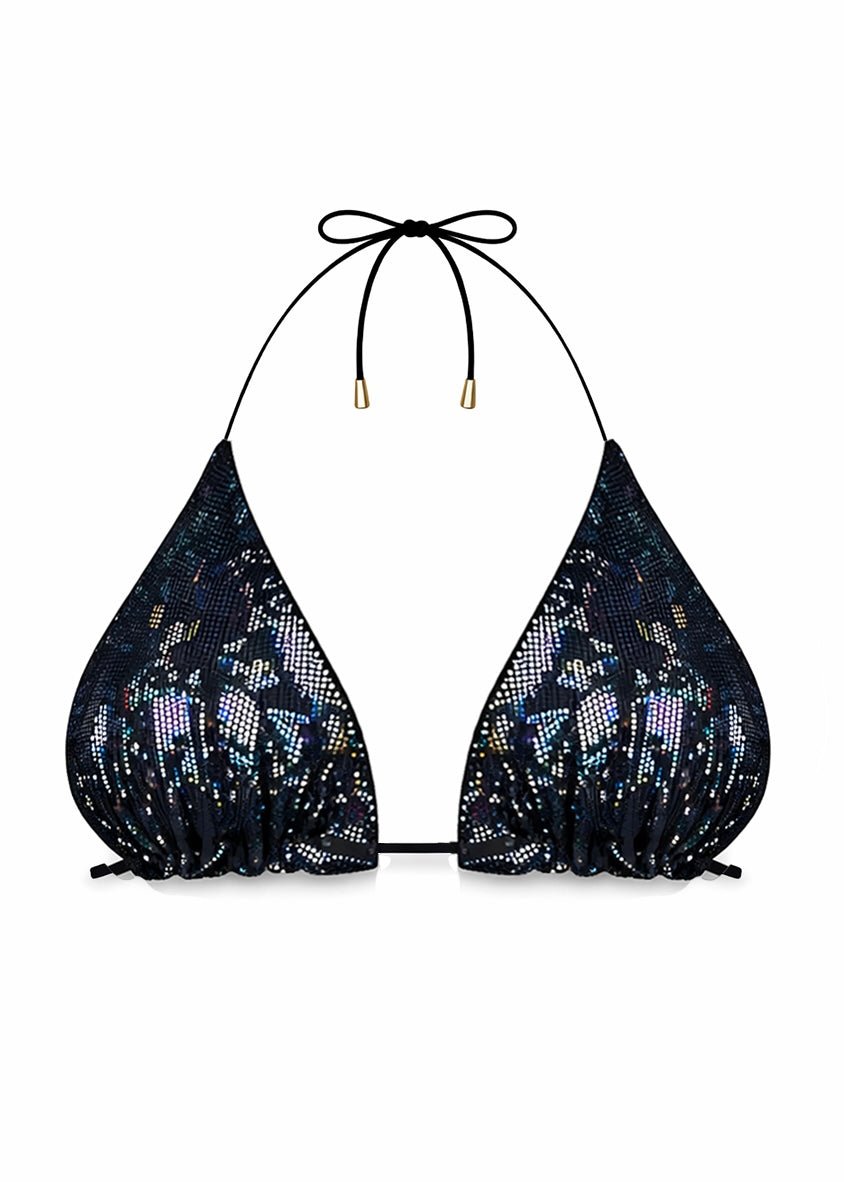 Black sequin triangle bikini top with halter neck tie, shiny swimwear on white background