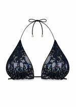 Black sequin triangle bikini top with halter neck tie, shiny swimwear on white background