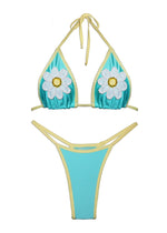 Aqua and yellow handmade bikini set with daisy flower appliqués and reversible design.