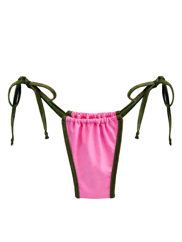 Pink and green handmade reversible bikini bottom with side ties on white background