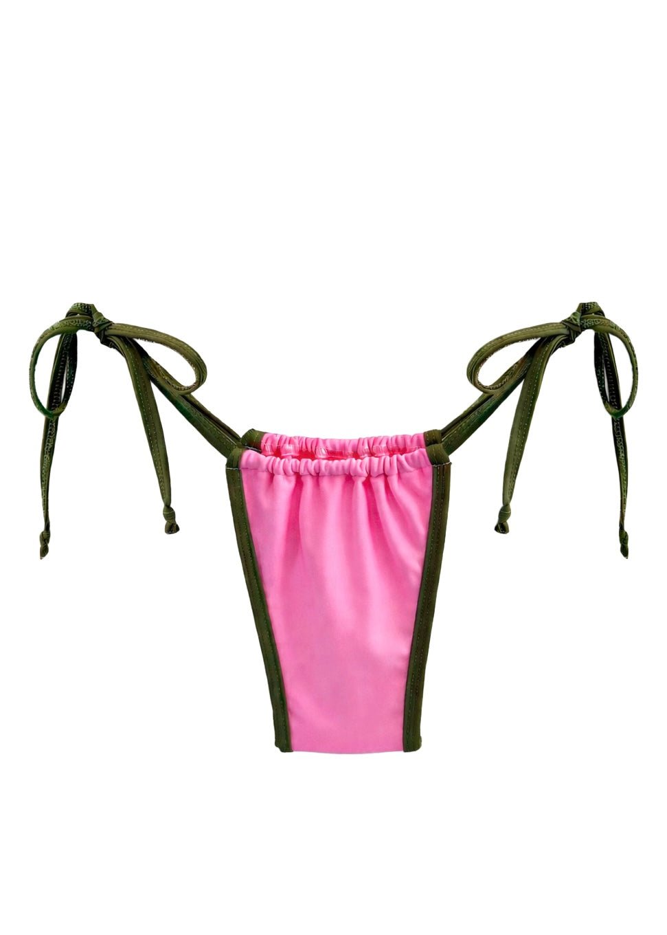 Pink and green handmade reversible bikini bottom with side ties on white background