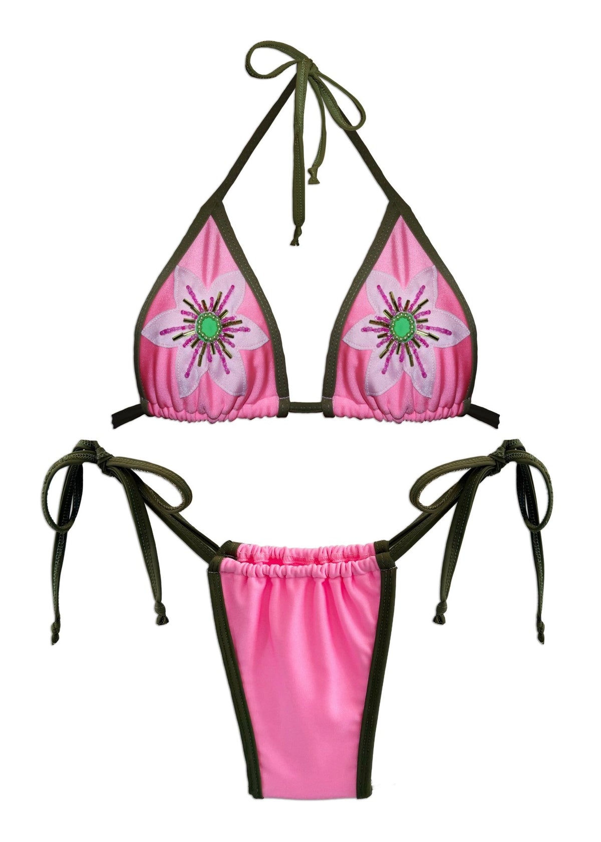 Pink handmade bikini set with beaded flower embroidery and green trim, reversible swimwear