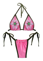Pink handmade bikini set with beaded flower embroidery and green trim, reversible swimwear