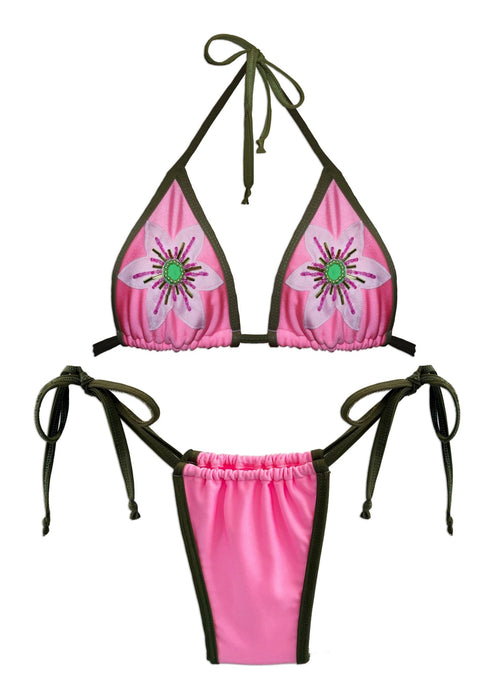 Pink handmade bikini set with beaded flower embroidery and green trim, reversible swimwear