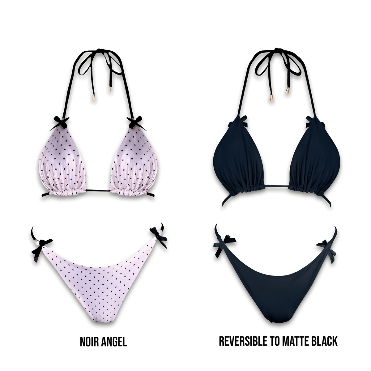 Reversible bikini set with pink polka dot and solid black options, handmade swimwear