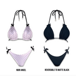 Reversible bikini set with pink polka dot and solid black options, handmade swimwear