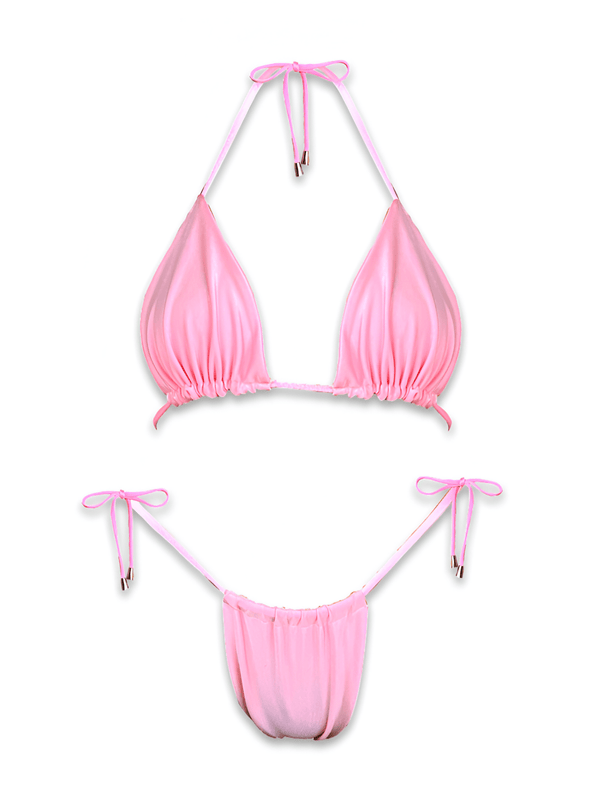 Light pink ruched bikini set with adjustable triangle top and tie-side bottoms