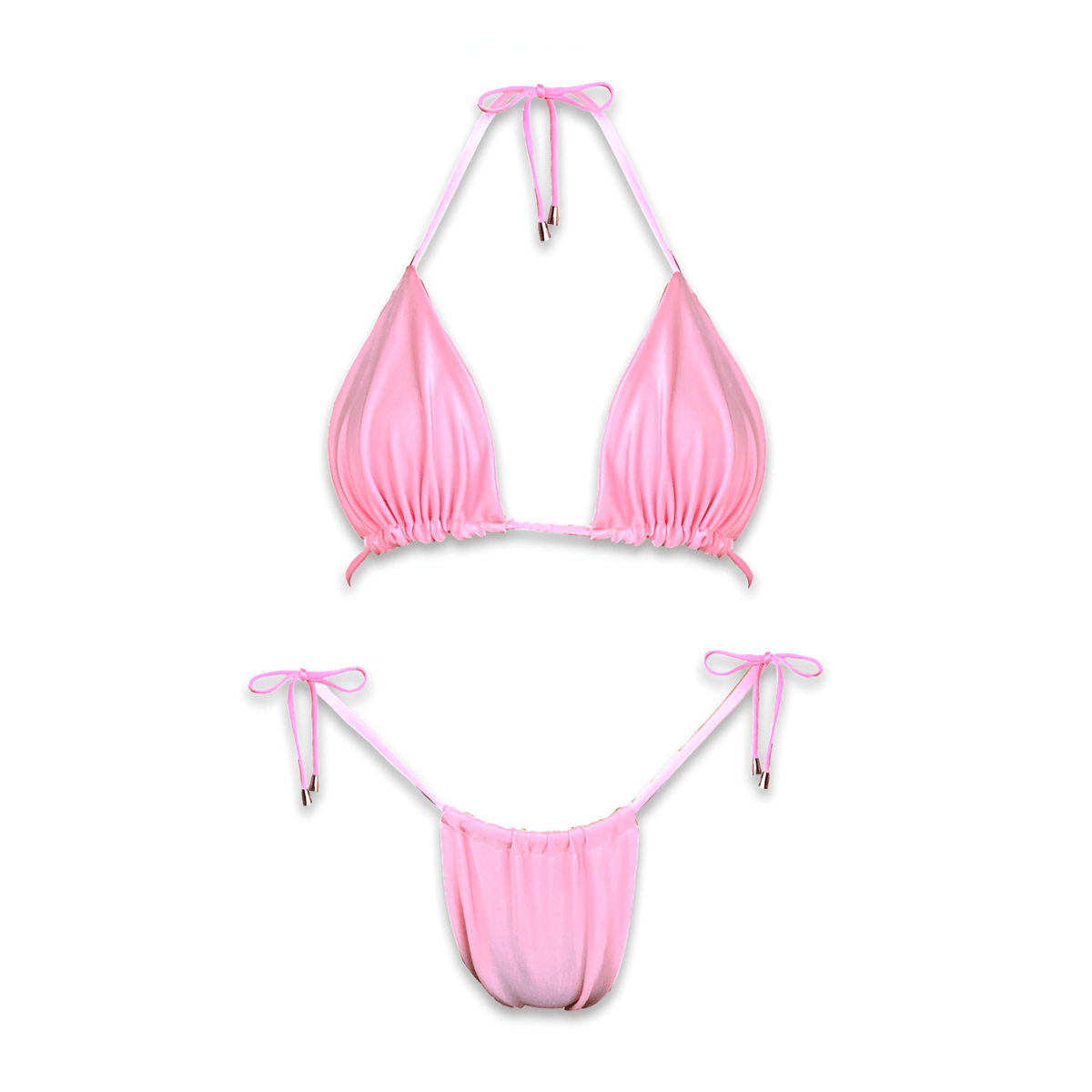 Light pink ruched bikini set with adjustable triangle top and tie-side bottoms