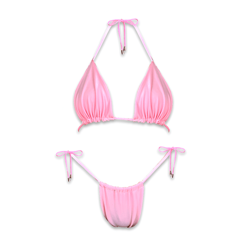 Light pink ruched bikini set with adjustable triangle top and tie-side bottoms