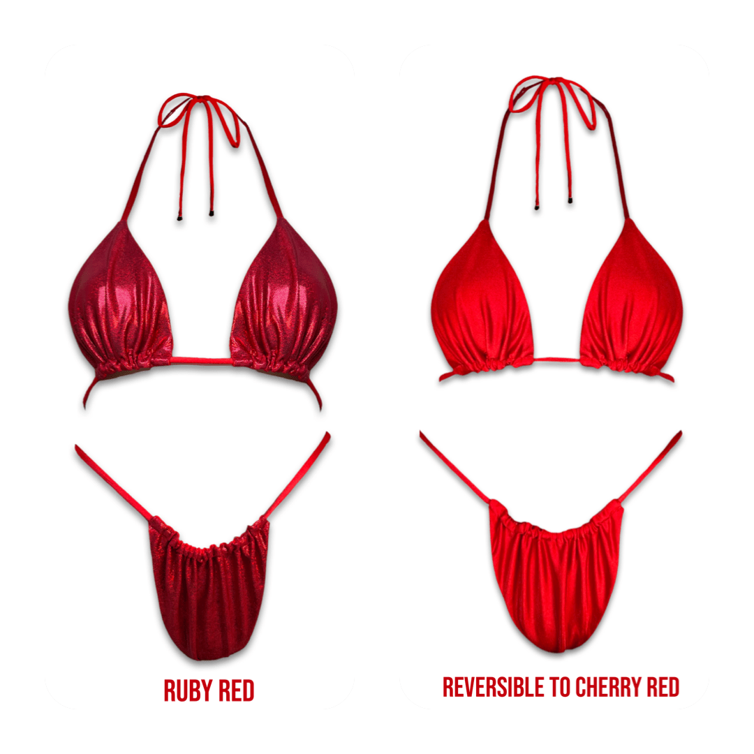 Handmade reversible bikini set in ruby red and cherry red, adjustable triangle top and bottoms