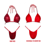 Handmade reversible bikini set in ruby red and cherry red, adjustable triangle top and bottoms