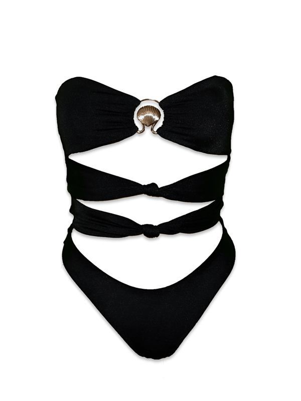 Handmade black one-piece cutout swimsuit with shell detailing and knotted design