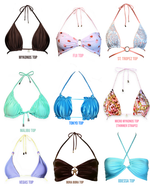 Nine handmade bikini tops in various colors and styles, including halter and bandeau designs.