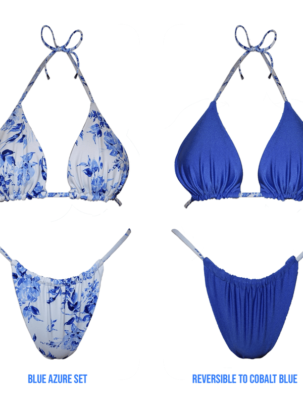 Reversible bikini set with blue floral print and solid cobalt blue sides, handmade swimwear.
