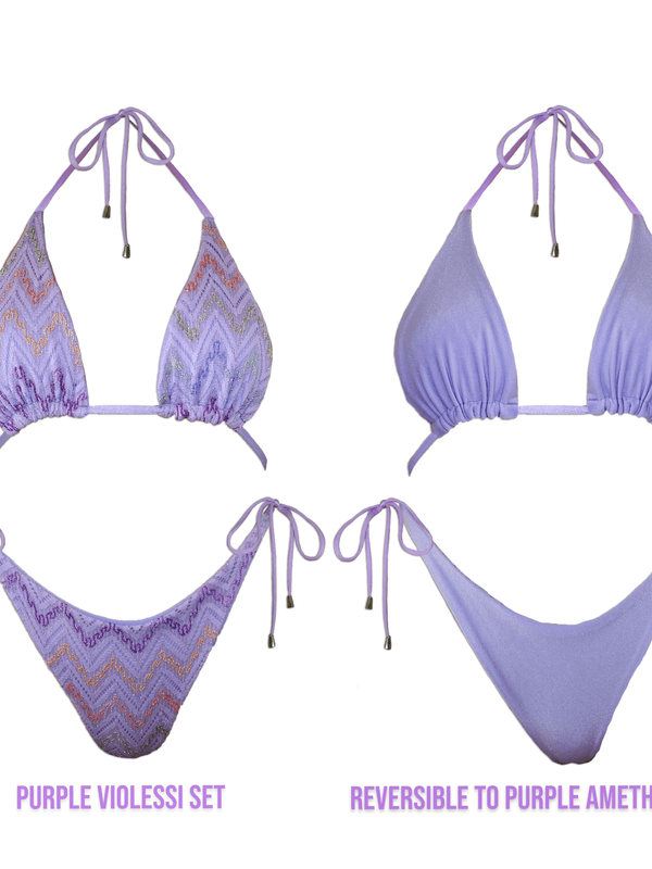 Reversible purple bikini set with chevron and solid amethyst sides, handmade swimwear.
