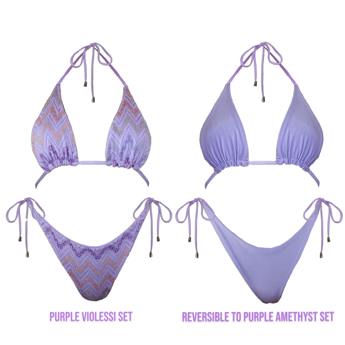 Reversible purple bikini set with chevron and solid amethyst sides, handmade swimwear.