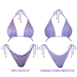 Reversible purple bikini set with chevron and solid amethyst sides, handmade swimwear.