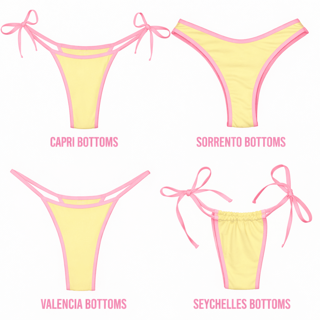 Four yellow bikini bottoms with pink trim in Capri, Sorrento, Valencia, Seychelles styles.
