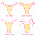 Four yellow bikini bottoms with pink trim in Capri, Sorrento, Valencia, Seychelles styles.