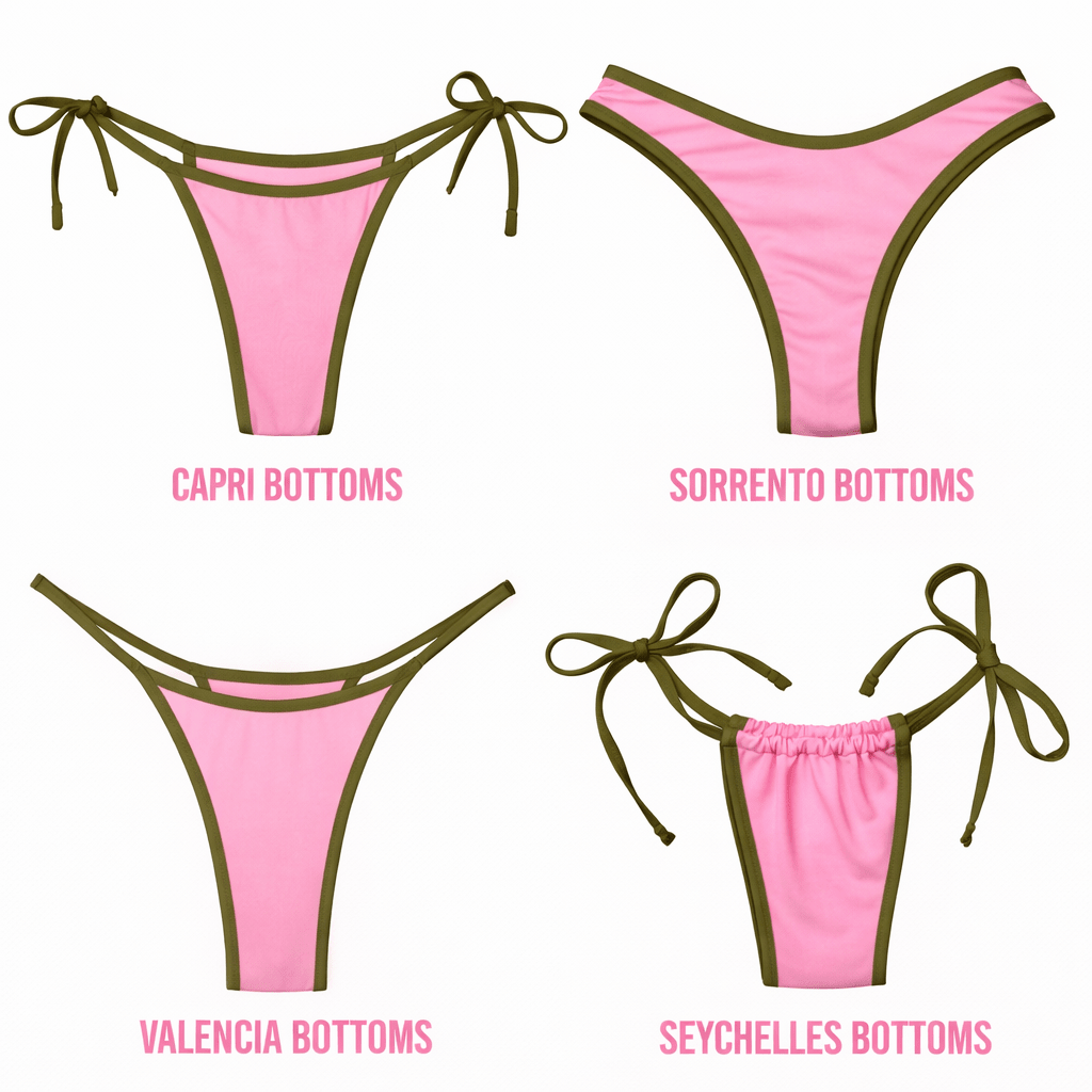 Four styles of pink and olive green bikini bottoms: Capri, Sorrento, Valencia, Seychelles.